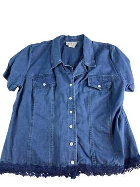 Vintage Stonebridge Denim Shirt 22W Blue Button Front Lace Hem Plus Size Cotton